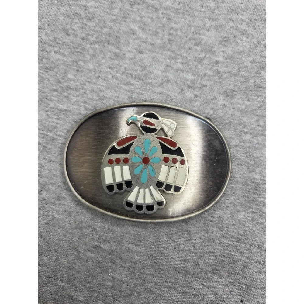 Vintage 1980s Turquoise Thunderbird Native Navajo Belt Buckle Southwestern